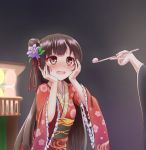  1girl blush brown_eyes brown_hair dark_background flower hands hands_on_own_cheeks hands_on_own_face highres japanese_clothes kasumi_(sennen_sensou_aigis) kimono long_hair obi red_kimono sash sennen_sensou_aigis smile tadayou_kemuri upper_body very_long_hair wide_sleeves 