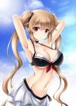  1girl alternate_costume amou_yuu armpits arms_up bikini_skirt blonde_hair bow_bikini breasts cleavage cloud cloudy_sky collarbone commentary_request eyebrows_visible_through_hair hair_between_eyes hair_ribbon hand_behind_head highres kantai_collection large_breasts long_hair looking_at_viewer murasame_(kantai_collection) outdoors red_eyes ribbon sky solo swimsuit twintails very_long_hair 