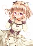  1girl adjusting_eyewear bangs black_bow black_choker black_ribbon blush bow brown_dress brown_hair choker collarbone commentary_request dress eyebrows_visible_through_hair flying_sweatdrops frilled_dress frills glasses hair_ribbon hands_up highres iijima_yun juliet_sleeves long_sleeves looking_at_viewer new_game! open_mouth puffy_sleeves purple_eyes red-framed_eyewear ribbon solo two_side_up zenon_(for_achieve) 