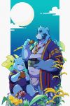  2019 belly blue_fur bulge clothing duo eating eyes_closed fundoshi fur hi_res humanoid_hands japanese_clothing male mammal moobs navel out outside overweight overweight_male robe sitting underwear ursid wolfsoul young 十泉介 十泉浩 