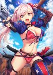  1girl american_flag_bikini artist_name belt bikini blue_eyes breasts cleavage collar collarbone commentary_request dual_wielding eyebrows_visible_through_hair fate/grand_order fate_(series) flag_print front-tie_bikini front-tie_top hair_bun highres holding holding_weapon jacket large_breasts long_hair miyamoto_musashi_(fate/grand_order) miyamoto_musashi_(swimsuit_berserker)_(fate) multi-strapped_bikini_bottom navel open_mouth pink_hair sakiyamama scabbard sheath signature single_legging solo swimsuit thigh_pouch weapon 