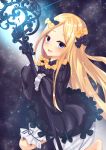  1girl abigail_williams_(fate/grand_order) absurdres bangs black_bow black_dress blonde_hair blue_eyes blush bow dress fate/grand_order fate_(series) forehead glowing hair_bow highres key keyhole long_hair long_sleeves looking_at_viewer multiple_bows open_mouth orange_bow parted_bangs polka_dot polka_dot_bow ribbed_dress sleeves_past_fingers sleeves_past_wrists smile solo staff white_bloomers yagiryu 