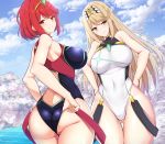  2girls ass ass_visible_through_thighs bangs bare_shoulders black_swimsuit blue_sky blush breasts closed_mouth cloud commentary_request covered_navel eyebrows_visible_through_hair from_behind headpiece highres hikari_(xenoblade_2) homura_(xenoblade_2) large_breasts looking_at_viewer multiple_girls navel noeomi outdoors partially_submerged red_hair see-through sideboob sky smile standing swept_bangs swimsuit thighs tiara water xenoblade_(series) xenoblade_2 yellow_eyes 