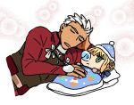  1boy 1girl archer artoria_pendragon_(all) braid chibi cropped_torso dark_skin dark_skinned_male fate/grand_order fate/stay_night fate_(series) food_print french_braid funako_(hatoda) futon green_eyes hat lying nightcap nose_bubble on_side riyo_(lyomsnpmp)_(style) saber sleeping sleeping_with_eyes_open white_hair 