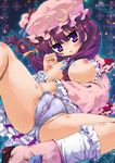  betei blush breasts cameltoe crescent fat_mons hat highres large_breasts long_hair nipples panties partially_visible_vulva patchouli_knowledge purple_eyes purple_hair solo touhou underwear 