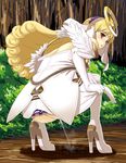  ar_tonelico ar_tonelico_ii ass blonde_hair blush chroche_latel_pastalie elbow_gloves forest gloves hair_ornament high_heels highres hou_(hachiyou) image_sample long_hair looking_back md5_mismatch nature no_panties pee peeing pixiv_sample purple_eyes shoes solo squatting 