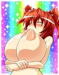  1girl artist_request blush breast_sucking breasts closed_eyes eyes_closed female huge_breasts lactation milk milking nipples nude onozuka_komachi red_hair regls self_breast_sucking self_sucking solo tears touhou twintails two_nipples_one_mouth 