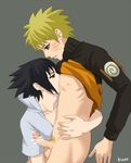  2boys artist_request black_eyes black_hair blue_eyes bottomless breast_sucking breasts dripping erection hug kuroiso male male_focus male_only multiple_boys naruto nipple_suck nipples penis precum pubic_hair shirt_lift standing testicles uchiha_sasuke uzumaki_naruto yaoi 