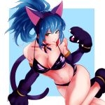  1girl animal_costume animal_ears bikini blue_eyes blue_hair breasts cat_costume cat_ears cat_paws elbow_gloves gloves green_eyes juu_satoshi leona_heidern long_hair paw_shoes paws shoes snk_heroines:_tag_team_frenzy solo swimsuit 