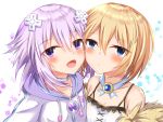  2girls :d bare_shoulders blanc blue_eyes blush breasts brown_hair cheek-to-cheek cleavage d-pad d-pad_hair_ornament dress expressionless hair_ornament hood hooded_jacket jacket medium_hair multiple_girls neptune_(neptune_series) neptune_(series) open_mouth purple_eyes purple_hair ray_726 short_hair small_breasts smile spaghetti_strap upper_body usb 