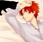  1boy akagi_toma bed cat earrings gen&#039;ei_ibunroku_sharp_fe jewelry necklace one_eye_closed red_eyes red_hair saichi_(meme+) solo upper_body 