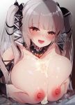  1boy 1girl azur_lane bangs bare_shoulders between_breasts black_dress blush breast_squeeze breasts cleavage cum cum_on_body cum_on_breasts cum_on_upper_body dress earrings eyebrows_visible_through_hair formidable_(azur_lane) frilled_dress frills grey_hair hair_ornament hair_ribbon half-closed_eyes hato_haru heavy_breathing hetero highres jewelry large_breasts long_hair long_sleeves looking_at_viewer open_mouth paizuri penis pov red_eyes ribbon smile solo_focus twintails 