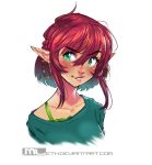  2017 blush bust_portrait clothing ear_piercing ear_ring elf female freckles green_eyes hair humanoid humanoid_pointy_ears mleth not_furry piercing portrait red_hair shirt short_hair simple_background smile solo topwear white_background 