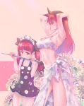  2girls armpits arms_up black_swimsuit blush bonnet breasts closed_eyes closed_mouth eating eyebrows_visible_through_hair flower hair_between_eyes hand_on_own_head highres holding kemurikusa large_breasts long_hair multiple_girls navel one-piece_swimsuit pink_background pipe red_eyes red_hair red_ribbon ribbon rina_(kemurikusa) ryou_(kemurikusa) sarong smile standing swimsuit twintails usapenpen2019 white_bikini_top 