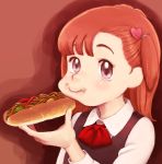  1girl closed_mouth commentary_request eating food kurita_yuuko lafolie looking_at_viewer oishinbo oishinbo_(anime) red_hair short_hair simple_background solo yakisobapan 