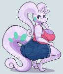  2019 absurd_res aimbot-jones antennae_(anatomy) anthro big_breasts big_butt bottomwear breasts butt clothed clothing crouching curled_tail denim denim_clothing denim_shorts dragon female goodra half-closed_eyes hi_res huge_breasts looking_back nintendo pok&eacute;mon pok&eacute;mon_(species) pose raised_tail seductive shirt shorts side_view slightly_chubby smile solo tank_top thick_tail topwear video_games wasabi_(aimbot-jones) 