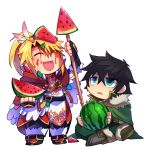  2boys :d ^_^ arm_up bangs belt black_belt black_footwear black_gloves black_hair black_pants blonde_hair boots cape chibi closed_eyes d: eyebrows_visible_through_hair feathers fingerless_gloves food fruit full_body fur-trimmed_boots fur_trim gloves green_cape green_eyes green_pants hair_between_eyes hair_feathers high_collar holding holding_food holding_fruit holding_spear holding_weapon indian_style iwatani_naofumi kitamura_motoyasu looking_at_another maho_(boku_no_kao_wo_otabeyo) male_focus multiple_boys open_mouth pants polearm ponytail red_cape red_tunic sidelocks simple_background sitting smile spear standing tate_no_yuusha_no_nariagari tunic watermelon weapon white_background 