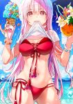  1girl :3 ass_visible_through_thighs bead_bracelet beads bikini bracelet breasts cleavage coconut commentary cowboy_shot day drinking_straw flower food front-tie_bikini front-tie_top girls_frontline hands_up highres holding holding_food ice_cream je35353577 jewelry large_breasts leaf long_hair looking_at_viewer mouth_hold nail_polish navel ocean pink_flower pink_hair red_bikini red_eyes see-through shirt short_sleeves side-tie_bikini smile solo standing swimsuit tassel ukm-2000_(girls_frontline) very_long_hair wet wet_clothes wet_shirt white_flower white_shirt 