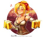  &lt;3 2017 alcohol beer beverage blonde_hair blush breasts choker clothing corset elf female green_eyes hair hi_res humanoid humanoid_pointy_ears jewelry lin_(ronindude) lingerie mleth necklace nipple_outline not_furry one_eye_closed ponytail ribbons smile solo 