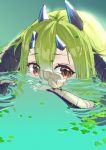  1girl air_bubble animal arknights bangs bird brown_eyes bubble chaoxi character_request commentary_request curled_horns eyebrows_visible_through_hair green_hair hair_between_eyes highres horns looking_at_viewer partially_submerged solo water wet 