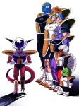  6+boys absurdres alien armor arms_behind_back blue_skin boots brown_hair burter captain_ginyu closed_eyes collarbone commentary_request dragon_ball dragon_ball_z frieza ginyu_force green_skin guldo height_difference highres jeice multiple_boys muscle pink_skin purple_skin recoome red_eyes red_skin scouter serious shadow shinomiya_akino simple_background skin_tight spikes tail veins white_background white_hair 
