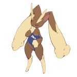  1:1 anthro black_sclera clothing exposing eyebrows featureless_crotch female fingers flat_chested fur hi_res lagomorph looking_at_viewer lopunny mammal nintendo off_shoulder one-piece_swimsuit pink_nose pok&eacute;mon pok&eacute;mon_(species) red_eyes simple_background smile solo standing swimsuit_pull swimwear thick_eyebrows video_games white_background youjomodoki 