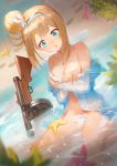  1girl absurdres animal_ears animal_on_leg bangs bare_shoulders bikini blue_hairband blue_shirt blunt_bangs blurry_foreground blush breasts bunny_ears collarbone covering covering_breasts cubies_(tiger_205) eyebrows_visible_through_hair footprints girls_frontline gun hair_bun hair_ornament hairband highres large_breasts light_brown_hair long_sleeves looking_at_viewer navel off-shoulder_shirt off_shoulder open_mouth plant sand shiny shiny_hair shiny_skin shirt shovel sidelocks sitting solo starfish submachine_gun suomi_kp/-31 suomi_kp31_(girls_frontline) swimsuit thighs untied untied_bikini wardrobe_malfunction wariza water water_drop weapon wet wet_clothes wet_hair wet_shirt white_bikini 