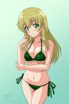  1girl arm_grab artist_name bangs bikini blonde_hair blush breasts carpaccio cleavage closed_mouth commentary cowboy_shot dated eyebrows_visible_through_hair girls_und_panzer gradient gradient_background green_background green_bikini green_eyes hand_in_hair head_tilt long_hair looking_at_viewer matsui_yasutsugu medium_breasts navel side-tie_bikini signature skindentation smile solo standing swimsuit 