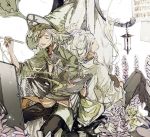  2boys :d blonde_hair braid cape caro_(granblue_fantasy) closed_eyes crossed_legs granblue_fantasy hat lamp multiple_boys multiple_persona musical_note open_mouth paintbrush painting painting_(object) palette plant sheet_music sitting smile suou 