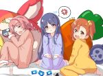  3girls :d :t akane_mimi anger_vein aono_(f_i_s) bangs barefoot bed_sheet blush braid brown_eyes brown_hair carrot_pillow cellphone closed_mouth collared_shirt commentary_request dress_shirt eyebrows_visible_through_hair flying_sweatdrops hair_between_eyes hair_bobbles hair_down hair_ornament hairclip head_tilt highres hikawa_kyoka hodaka_misogi long_sleeves multiple_girls nose_blush one_eye_closed one_side_up open_mouth pants parted_bangs phone pink_hair pink_pants pink_shirt pout princess_connect! princess_connect!_re:dive purple_eyes purple_hair purple_pants purple_shirt round_teeth shirt simple_background skull_print sleeves_past_wrists smile soles spoken_anger_vein teeth twin_braids upper_teeth white_background yellow_pants yellow_shirt 