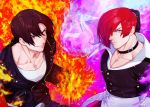  2boys brown_eyes brown_hair choker collar collarbone evil_grin evil_smile eyelashes fire grin hair_over_one_eye jacket juu_satoshi kusanagi_kyou leather leather_jacket male_focus multiple_boys parted_hair purple_fire pyrokinesis red_hair smile the_king_of_fighters unbuttoned_sleeves yagami_iori yellow_eyes 