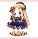  1girl :d abigail_williams_(fate/grand_order) bangs black_bow black_dress black_footwear black_headwear blonde_hair bloomers blue_eyes blush bow bug butterfly character_name chibi commentary_request dress fate/grand_order fate_(series) forehead full_body hair_bow hat insect long_hair long_sleeves object_hug open_mouth orange_bow outstretched_arm parted_bangs pink_background plaid polka_dot polka_dot_bow shoes sleeves_past_fingers sleeves_past_wrists smile solo standing star stuffed_animal stuffed_toy teddy_bear toko_(torisan_ren) two-tone_background underwear very_long_hair white_background white_bloomers 