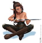  2016 blue_eyes blush boots breasts brown_hair clothed clothing convenient_censorship crossed_legs dagger elf female footwear hair holding_object holding_sword holding_weapon humanoid humanoid_pointy_ears knife lantea_(skiefire) leather long_hair melee_weapon mleth not_furry simple_background sitting solo sword topless weapon white_background 