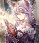  1girl animal_ears armor armored_dress blush book braid breasts cat_ears cleavage commentary_request dress erune granblue_fantasy hair_between_eyes hair_tubes heles highres holding holding_book indoors kuroi_mimei large_breasts long_hair orange_eyes reading silver_hair sketch solo very_long_hair 