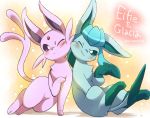  2018 abstract_background ambiguous_gender black_nose blue_eyes blue_fur blush digital_media_(artwork) duo eeveelution english_text eromame espeon feral forked_tail fur glaceon gloves_(marking) leg_markings looking_at_another mammal markings nintendo one_eye_closed pink_fur pok&eacute;mon pok&eacute;mon_(species) purple_eyes saya26 simple_background sitting smile socks_(marking) tail_markings text video_games white_background 