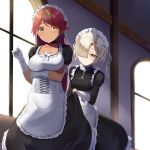  2girls absurdres alternate_costume apron arm_under_breasts azur_lane bangs behind_another black_choker black_dress blonde_hair blunt_bangs blurry blurry_background blush braid breasts buttons choker cleavage closed_mouth collar collarbone corset cross_choker dark_skin day dress enmaided eyebrows_visible_through_hair flower frilled_apron frills gloves hair_over_one_eye hand_up highres indoors jamaica_(azur_lane) juliet_sleeves large_breasts lifted_by_another light_brown_hair light_smile long_hair long_sleeves looking_at_viewer maid maid_headdress mengo metal_collar multicolored_hair multiple_girls orange_eyes parted_lips puffy_short_sleeves puffy_sleeves red_hair sheffield_(azur_lane) shiny shiny_hair short_hair short_sleeves small_breasts smile standing streaked_hair sunlight swept_bangs waist_apron white_apron white_flower white_gloves window 