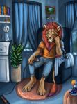  2019 4_toes 5_fingers anthro barefoot book bookshelf brown_fur clothed clothing detailed_background digital_media_(artwork) felid fingers flashw food fur hair hi_res lion male mammal pantherine plant red_hair signature sitting solo toes window 