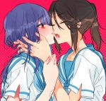  2girls bangs bite_mark blunt_bangs blush closed_eyes collarbone face-to-face hand_on_another&#039;s_face hibike!_euphonium kasaki_nozomi liz_to_aoi_tori long_hair multiple_girls open_mouth ponytail red_eyes sailor_collar short_sleeves torigara_cha yoroizuka_mizore yuri 