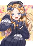  1girl :d abigail_williams_(fate/grand_order) admjgdme bangs black_bow black_dress black_headwear blonde_hair blue_eyes blush bow commentary_request dress eyebrows_visible_through_hair fate/grand_order fate_(series) forehead hair_bow hand_up hat highres long_hair long_sleeves looking_at_viewer open_mouth orange_bow parted_bangs polka_dot polka_dot_bow revision sleeves_past_fingers sleeves_past_wrists smile solo upper_teeth very_long_hair 