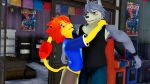  16:9 3d_(artwork) anthro blush canid canine canis clothed clothing digital_media_(artwork) domestic_dog duo felid fur grey_fur husky kouya_(morenatsu) lion male malicekira mammal morenatsu nordic_sled_dog pantherine soutarou_(morenatsu) spitz 