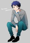  1boy alternate_costume aoi_itsuki blue_eyes blue_hair gen&#039;ei_ibunroku_sharp_fe grey_background jacket saichi_(meme+) sitting solo star 