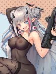  1girl blush breasts demon_horns double_bun earrings fang girls_frontline heterochromia highres holding holding_weapon horns jewelry konishi_(565112307) large_breasts long_hair mdr_(girls_frontline) multicolored_hair navel nipples nude open_mouth pointy_ears silver_hair skin_tight smile streaked_hair thighhighs thighs weapon 