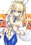  1girl animal_ears artoria_pendragon_(all) artoria_pendragon_(swimsuit_ruler)_(fate) bangs bare_shoulders blonde_hair blue_legwear braid breasts bunny_ears bunnysuit cleavage commentary_request crown detached_collar eyebrows_visible_through_hair fate/grand_order fate_(series) fishnets green_eyes hair_between_eyes leotard long_hair looking_at_viewer medium_breasts navel necktie negi_(ulog&#039;be) pantyhose ponytail saber sidelocks solo white_leotard wrist_cuffs 
