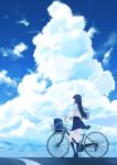  absurdres aozora_chiyo bag bicycle bicycle_basket black_footwear black_hair blue_legwear blue_skirt cloud cloudy_sky commentary_request facing_away from_below ground_vehicle highres long_hair long_image looking_afar original pleated_skirt road school_uniform shirt skirt sky white_shirt 