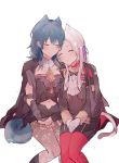  2girls animal_ears blonde_hair blue_hair blush breasts byleth_(fire_emblem) byleth_(fire_emblem)_(female) cape cat_ears closed_eyes cravat edelgard_von_hresvelg fire_emblem fire_emblem:_three_houses garreg_mach_monastery_uniform gloves hair_ornament hair_ribbon kvlen long_hair multiple_girls pantyhose red_cape ribbon short_hair simple_background smile uniform upper_body white_background yuri 