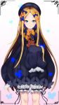  1girl abigail_williams_(fate/grand_order) absurdres bangs black_bow black_dress black_headwear blonde_hair blue_eyes bow closed_mouth dress fate/grand_order fate_(series) forehead hair_bow hat highres holding holding_stuffed_animal long_hair long_sleeves looking_at_viewer multiple_bows orange_bow parted_bangs polka_dot polka_dot_bow ribbed_dress sleeves_past_fingers sleeves_past_wrists solo stuffed_animal stuffed_toy teddy_bear white_background white_bloomers yeong 