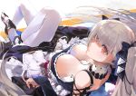  1girl azur_lane bangs bare_shoulders between_breasts black_dress blush breasts cleavage dress earrings eyebrows_visible_through_hair formidable_(azur_lane) frilled_dress frills grey_hair hair_ornament hair_ribbon high_heels highres jewelry kiriyama large_breasts long_hair long_sleeves looking_at_viewer pantyhose reclining red_eyes ribbon solo twintails white_legwear 