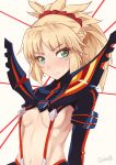  1girl artist_name blonde_hair blush braid breasts commentary cosplay darahan eyebrows_visible_through_hair fate/apocrypha fate/grand_order fate_(series) green_eyes hair_ornament hair_scrunchie kill_la_kill long_hair looking_at_viewer matoi_ryuuko matoi_ryuuko_(cosplay) midriff mordred_(fate) mordred_(fate)_(all) navel ponytail red_scrunchie revealing_clothes scrunchie smile solo suspenders upper_body 