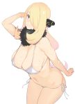  1girl bikini blonde_hair blush breasts cleavage fur_collar grey_eyes hair_ornament hair_over_one_eye iku_(ikuchan_kaoru) large_breasts long_hair looking_at_viewer navel pokemon pokemon_(game) pokemon_dppt shirona_(pokemon) simple_background smile solo sweat swimsuit thighs white_background white_bikini 