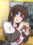  1girl black_hair blazer blue_eyes braid commentary_request counter food grey_blazer hair_flaps hair_over_shoulder hamburger head_tilt highres jacket kantai_collection looking_at_viewer mizunoe_kotaru necktie open_mouth red_neckwear remodel_(kantai_collection) shigure_(kantai_collection) shirt single_braid smile solo upper_body white_shirt 